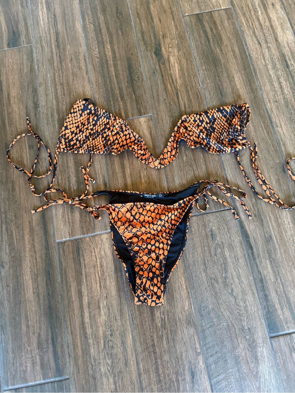Nasty Gal Orange & Black Snake-Print Tie Bikini